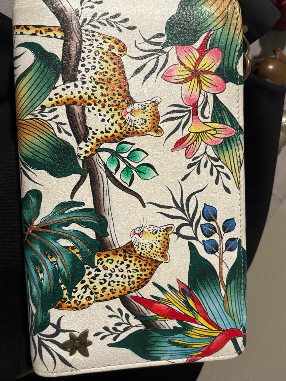 Hand Painted Anuschka White Floral & Leopard Crossbody Bag - Picture 10 of 10